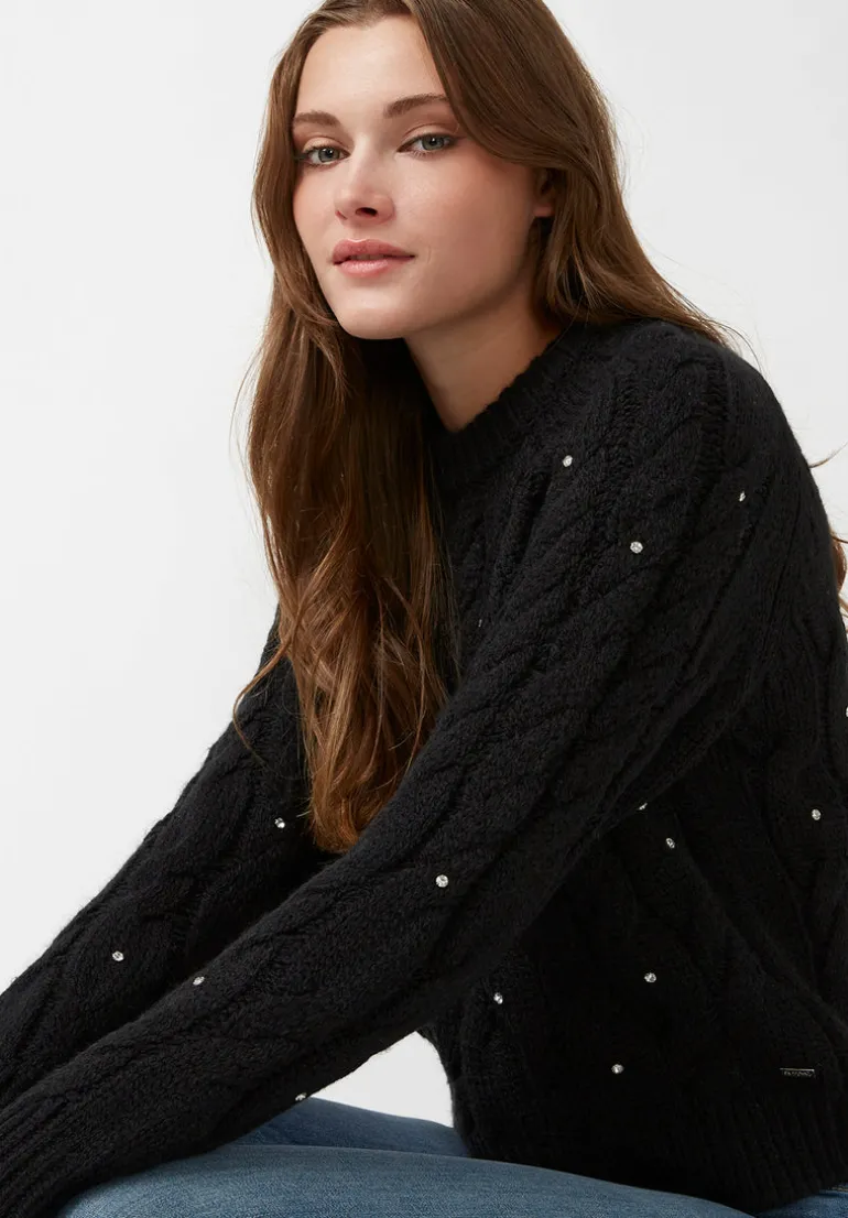 Magari Women's Long Sleeve Crewneck Cable Sweater in Black - SW0030H