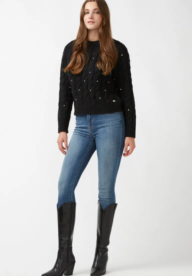 Magari Women's Long Sleeve Crewneck Cable Sweater in Black - SW0030H