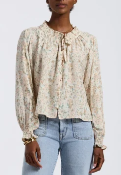 Maylah Women's Floral Print Long-Sleeve Smocked Blouse, Tan Floral - WT0174P