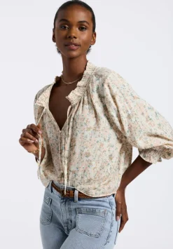 Maylah Women's Floral Print Long-Sleeve Smocked Blouse, Tan Floral - WT0174P