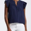 Mckaylie Women's Split Neck Flutter Sleeve Top with Embroidered Lace Details, Navy - KT0210P