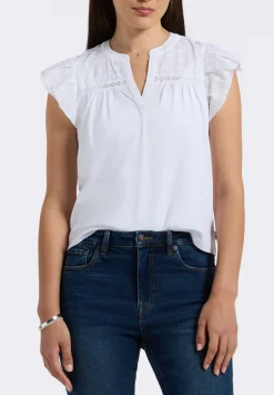Mckaylie Women's Split Neck Flutter Sleeve Top with Embroidered Lace Details, White - KT0210P