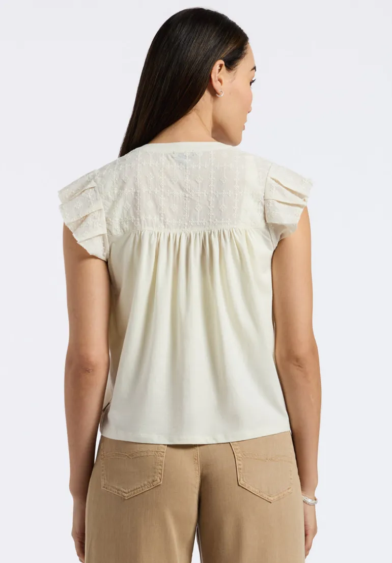Mckaylie Women's Split Neck Flutter Sleeve Top with Embroidered Lace Details, Parchment - KT0210P