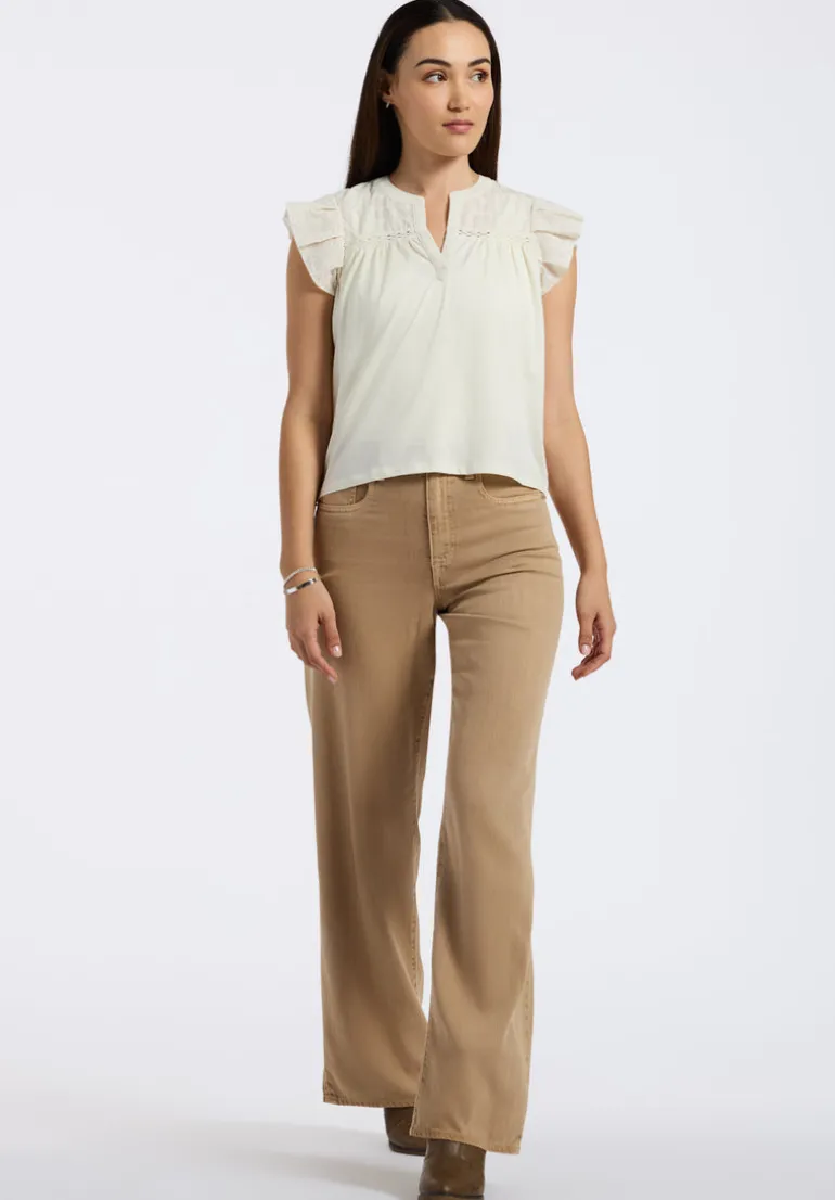 Mckaylie Women's Split Neck Flutter Sleeve Top with Embroidered Lace Details, Parchment - KT0210P