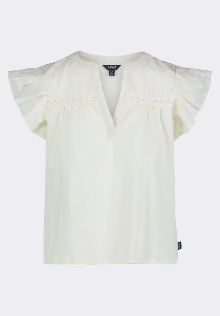 Mckaylie Women's Split Neck Flutter Sleeve Top with Embroidered Lace Details, Parchment - KT0210P