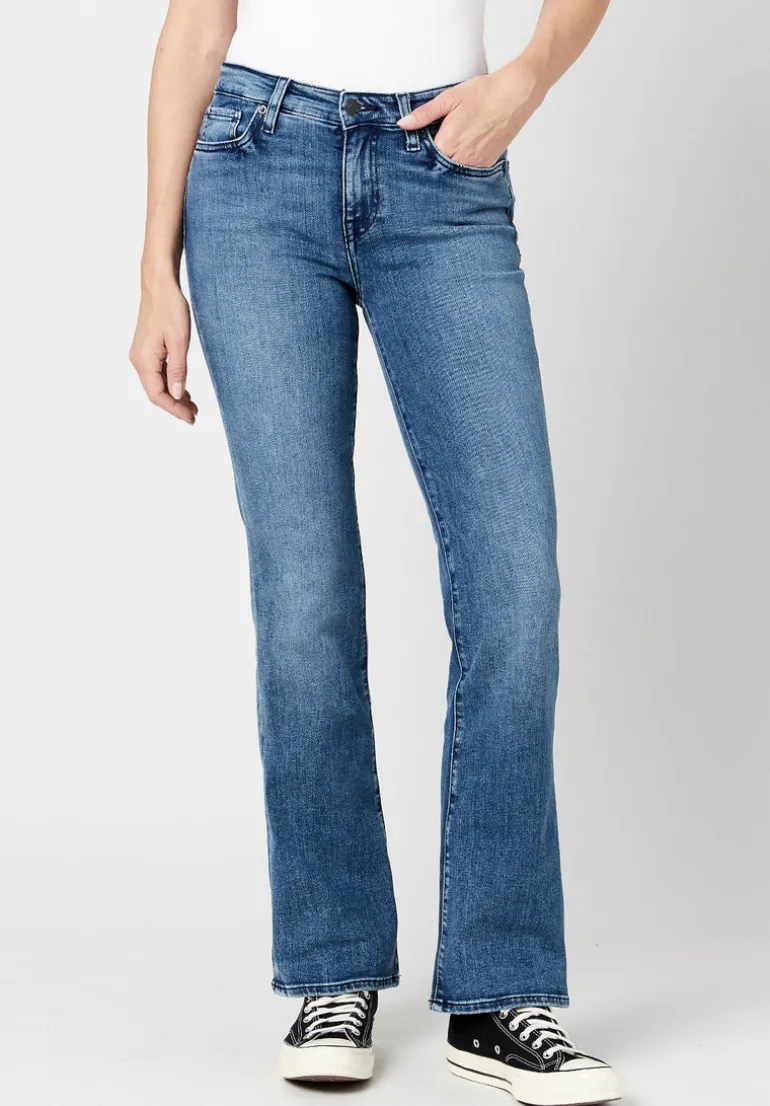 Mid Rise Bootcut Queen Women's Jeans in Whiskered and Sanded Blue - BL15831