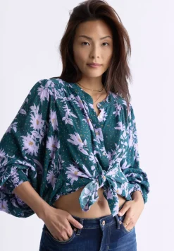 Ottilie Women's Long-Sleeved Blouse, Green with Purple Floral - WT0120F