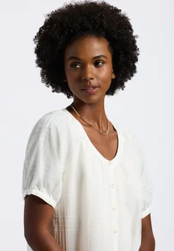 Saarik Women's Textured Plaid Button-Down Blouse with Puff Sleeves and Relaxed Fit, White - WT0153P