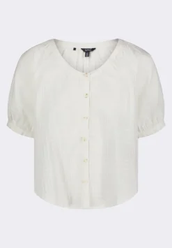 Saarik Women's Textured Plaid Button-Down Blouse with Puff Sleeves and Relaxed Fit, White - WT0153P