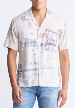 Sabob Men's Abstract Print Short-Sleeve Shirt, Moonbeam Beige - BM24523