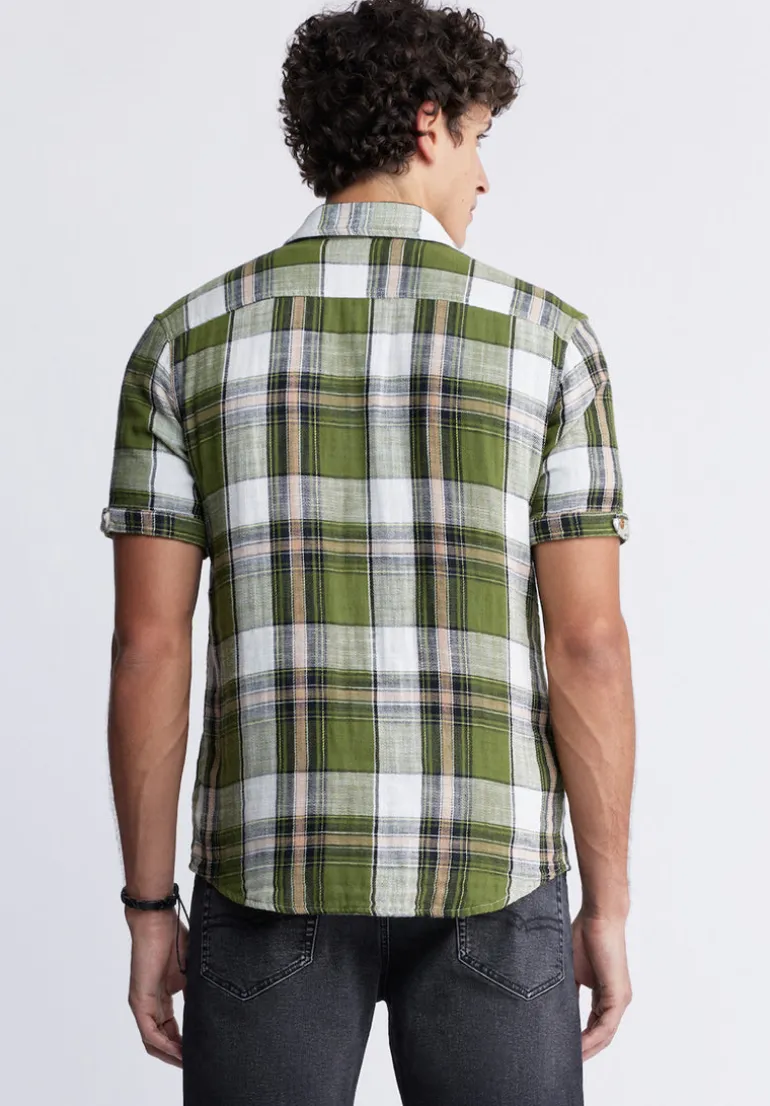 Sachino Men's Short-Sleeve Plaid Shirt in Sphagnum Green - BM24277