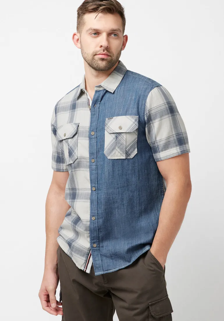 Sage Men's Short Sleeves Shirt in Plaid and Denim Blue - BM23882