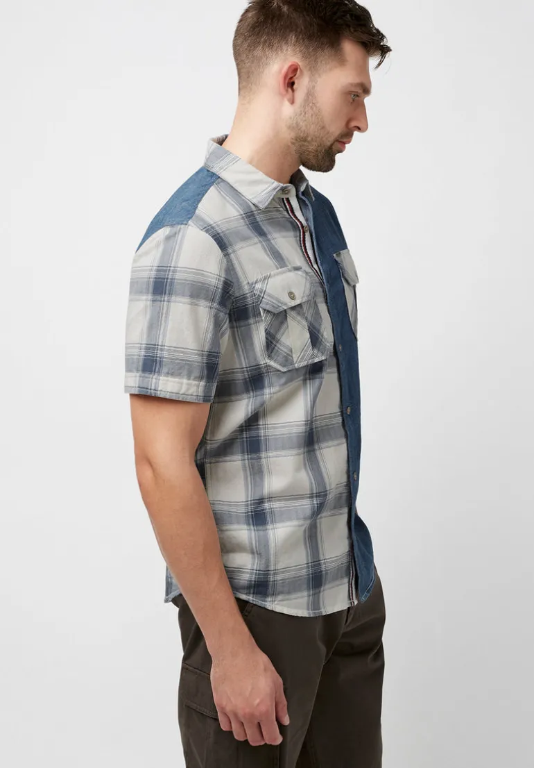 Sage Men's Short Sleeves Shirt in Plaid and Denim Blue - BM23882