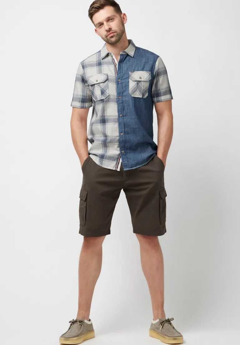 Sage Men's Short Sleeves Shirt in Plaid and Denim Blue - BM23882