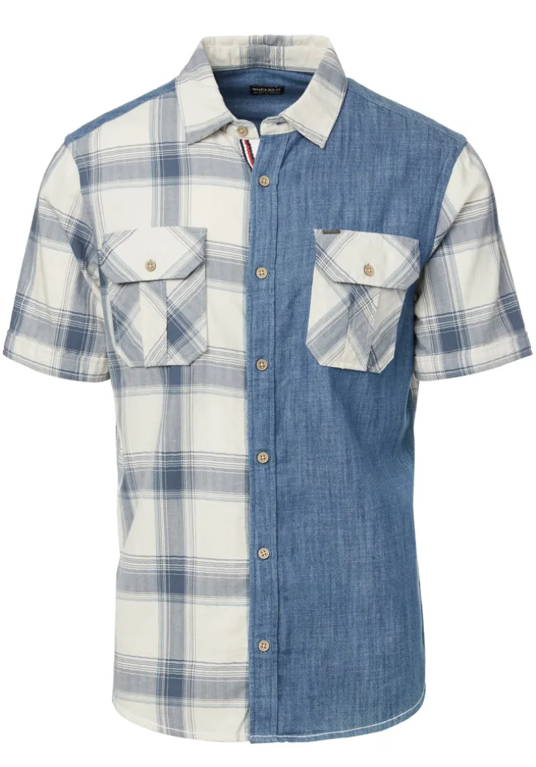 Sage Men's Short Sleeves Shirt in Plaid and Denim Blue - BM23882