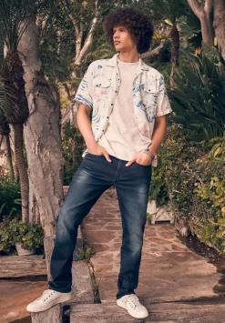 Salaman Men's Short Sleeve Shirt, White with Blue Print - BM24363