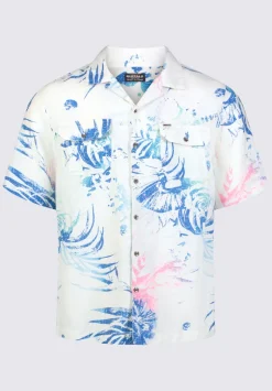 Salaman Men's Short Sleeve Shirt, White with Blue Print - BM24363