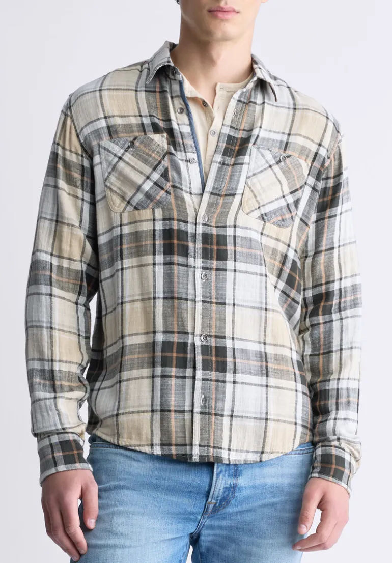 Saolo Men's Long-Sleeve Plaid Shirt, Tan - BM24425