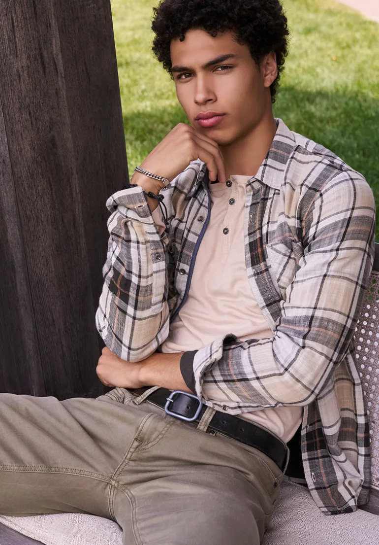 Saolo Men's Long-Sleeve Plaid Shirt, Tan - BM24425