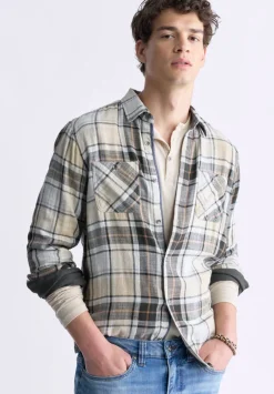 Saolo Men's Long-Sleeve Plaid Shirt, Tan - BM24425