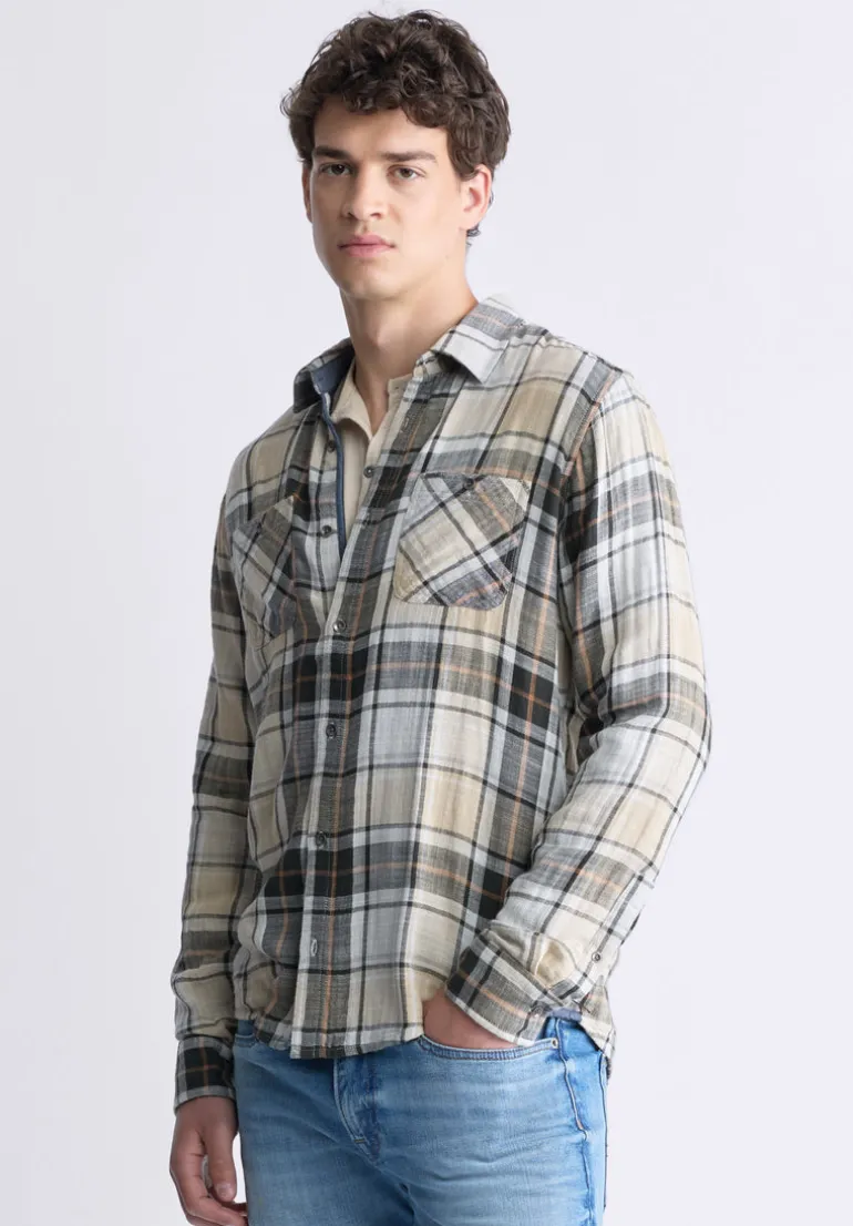 Saolo Men's Long-Sleeve Plaid Shirt, Tan - BM24425