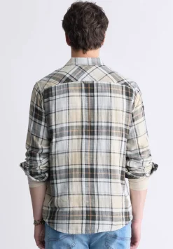 Saolo Men's Long-Sleeve Plaid Shirt, Tan - BM24425
