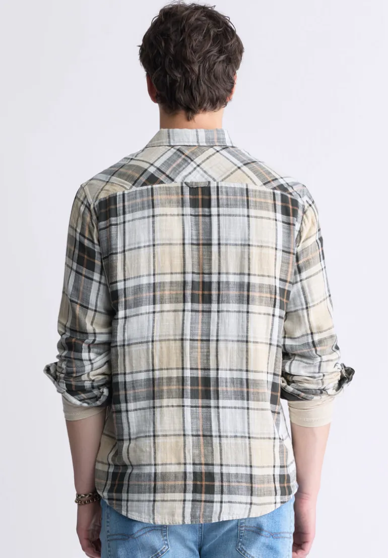 Saolo Men's Long-Sleeve Plaid Shirt, Tan - BM24425