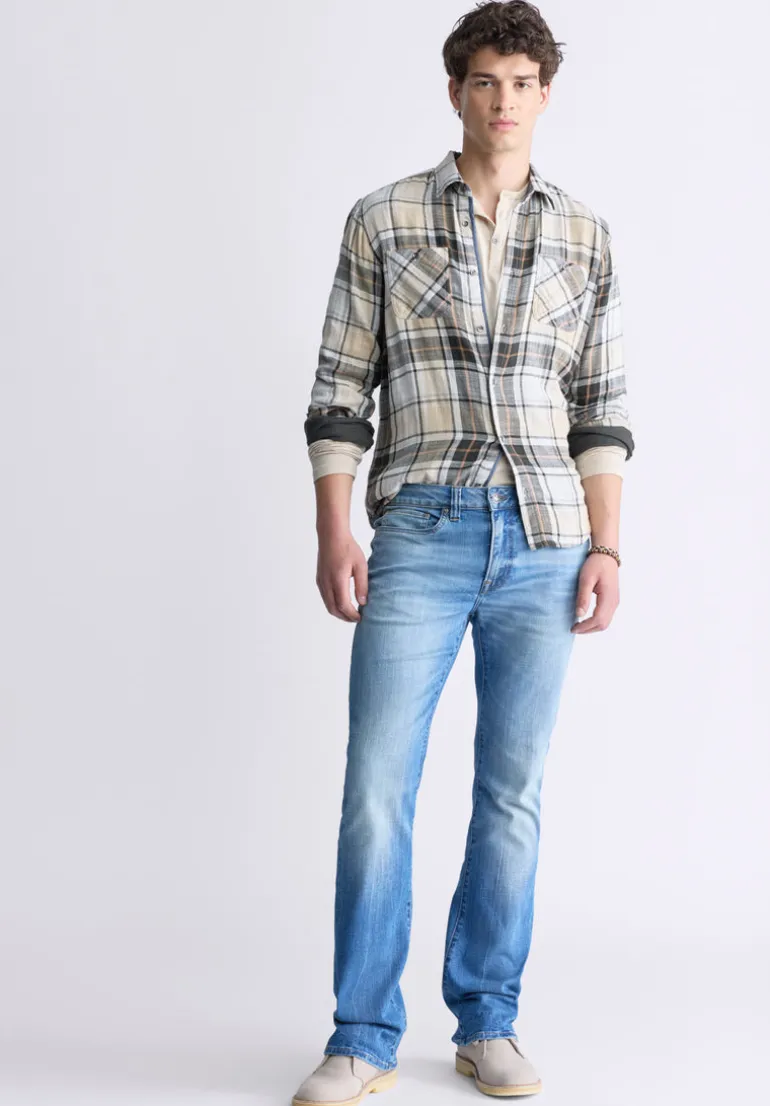 Saolo Men's Long-Sleeve Plaid Shirt, Tan - BM24425