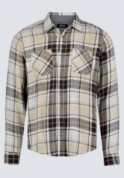 Saolo Men's Long-Sleeve Plaid Shirt, Tan - BM24425