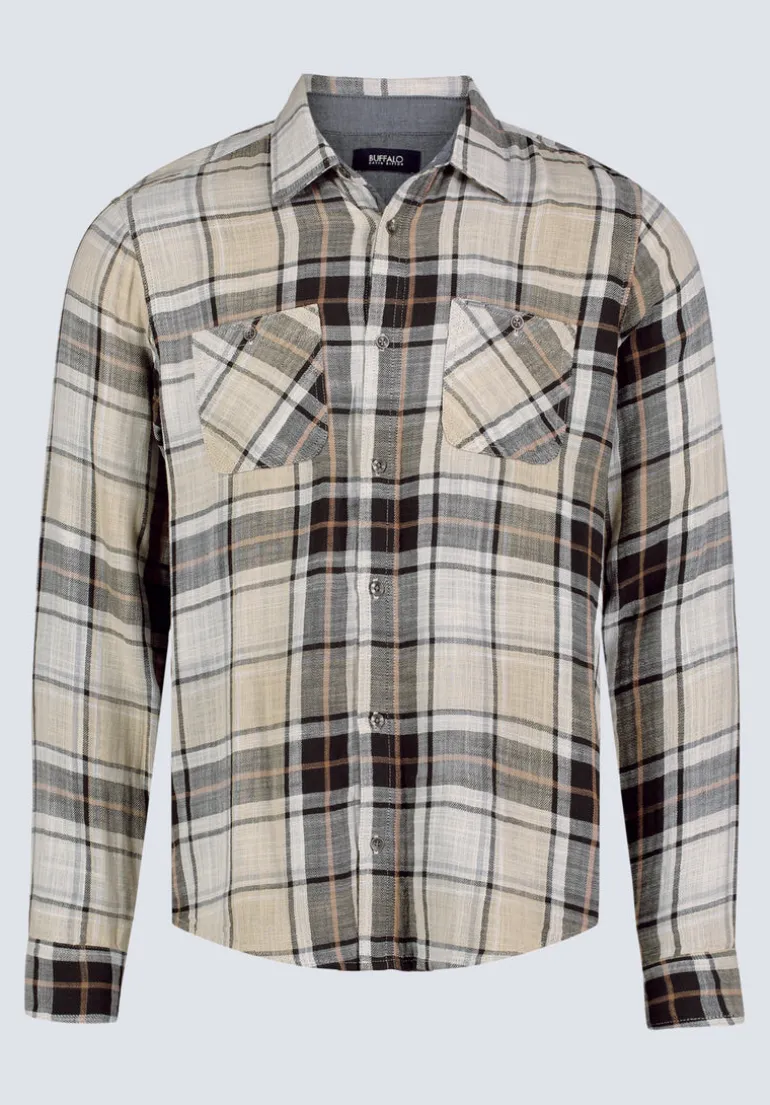Saolo Men's Long-Sleeve Plaid Shirt, Tan - BM24425