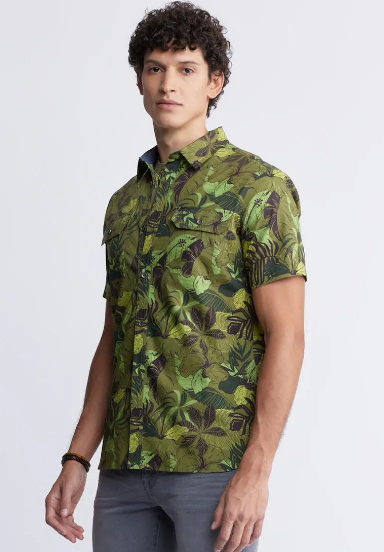 Sayool Men’s Short-Sleeve Printed Shirt in Sphagnum Green - BM24282