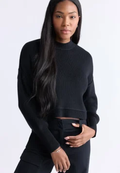 Seema Women’s Dropped Sleeve Cropped Sweater, Black - SW0095F