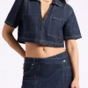 Selena Women's Denim Cropped Top with Patch Pockets, Indigo - BL16016