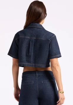 Selena Women's Denim Cropped Top with Patch Pockets, Indigo - BL16016