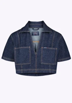 Selena Women's Denim Cropped Top with Patch Pockets, Indigo - BL16016