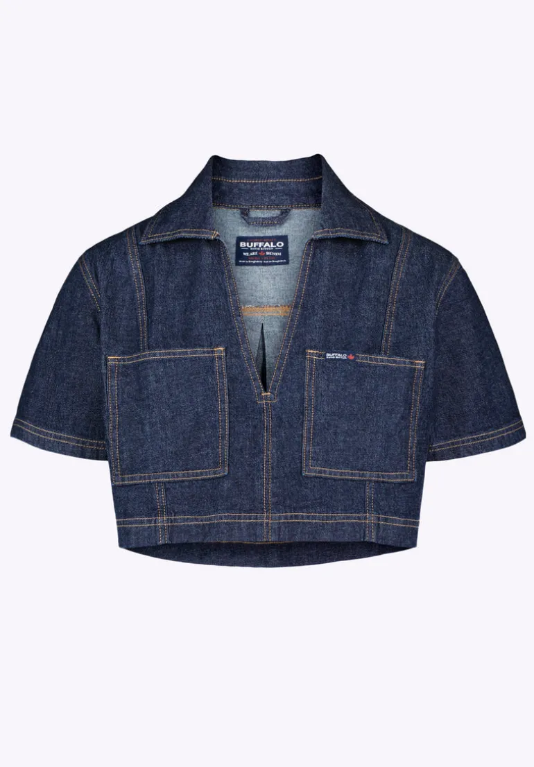 Selena Women's Denim Cropped Top with Patch Pockets, Indigo - BL16016