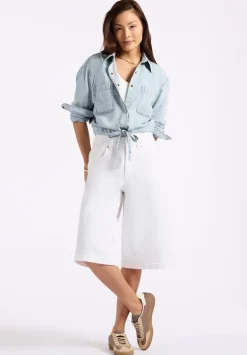 Serena Women's Long-Sleeve Cropped Denim Shirt, Bleached Down Blue - BL16021