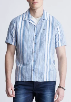 Sinap Men's Short Sleeve Striped Shirt, Blue and White - BM24367