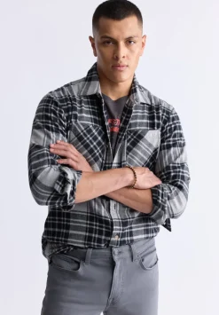 Sinato Men's Classic Plaid Shirt, Grey - BM24449