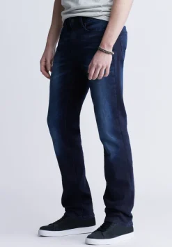 Straight Six Men's Five-Pocket Freedom Flex Jeans, Dark and Sanded - BM22999