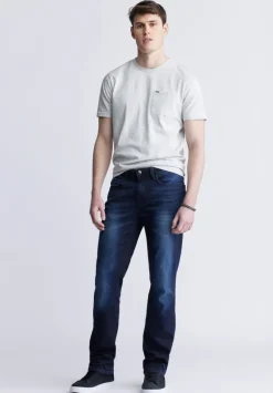 Straight Six Men's Five-Pocket Freedom Flex Jeans, Dark and Sanded - BM22999