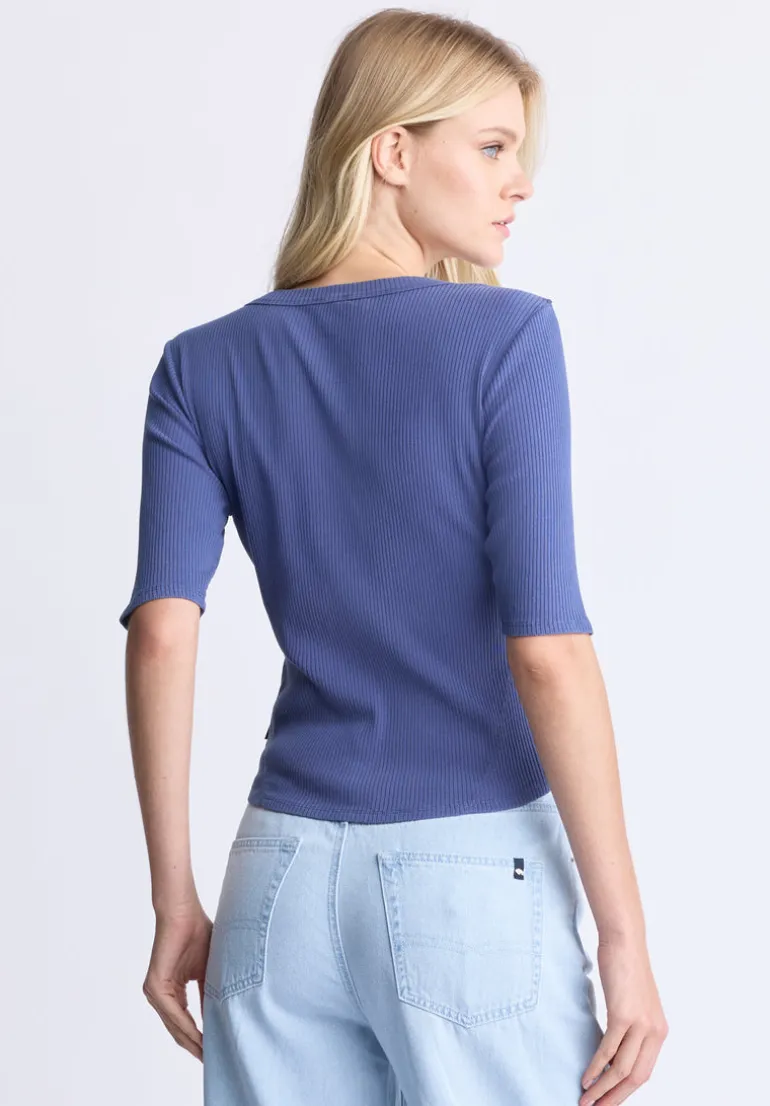 Tabbey Women's Ribbed Half-Sleeve Top, Blue - KT0172H