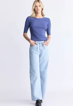 Tabbey Women's Ribbed Half-Sleeve Top, Blue - KT0172H