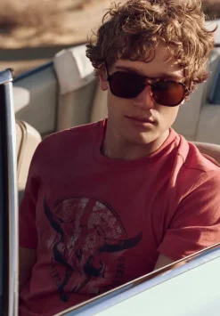 Tarz Men's Graphic T-Shirt with Bull Skull Motif, Miniral Red - BM24649