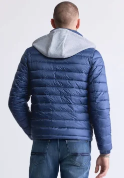 Vince Men’s Quilted Puffer Zip-Up Jacket with Contrasting Hoodie, Blue - OBMFE003