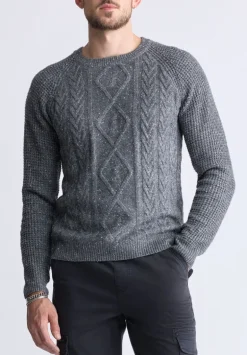Wallaby Men’s Nep Yarn Cable Knit Crewneck Sweater, Grey - BM24417