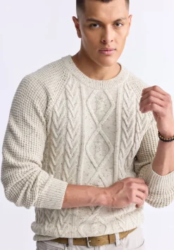 Wallaby Men’s Nep Yarn Cable Knit Crewneck Sweater, Cream - BM24417