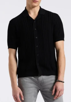 Wasko Men's Cable-Knit Short-Sleeve Button-Up Polo, Black - BM24540