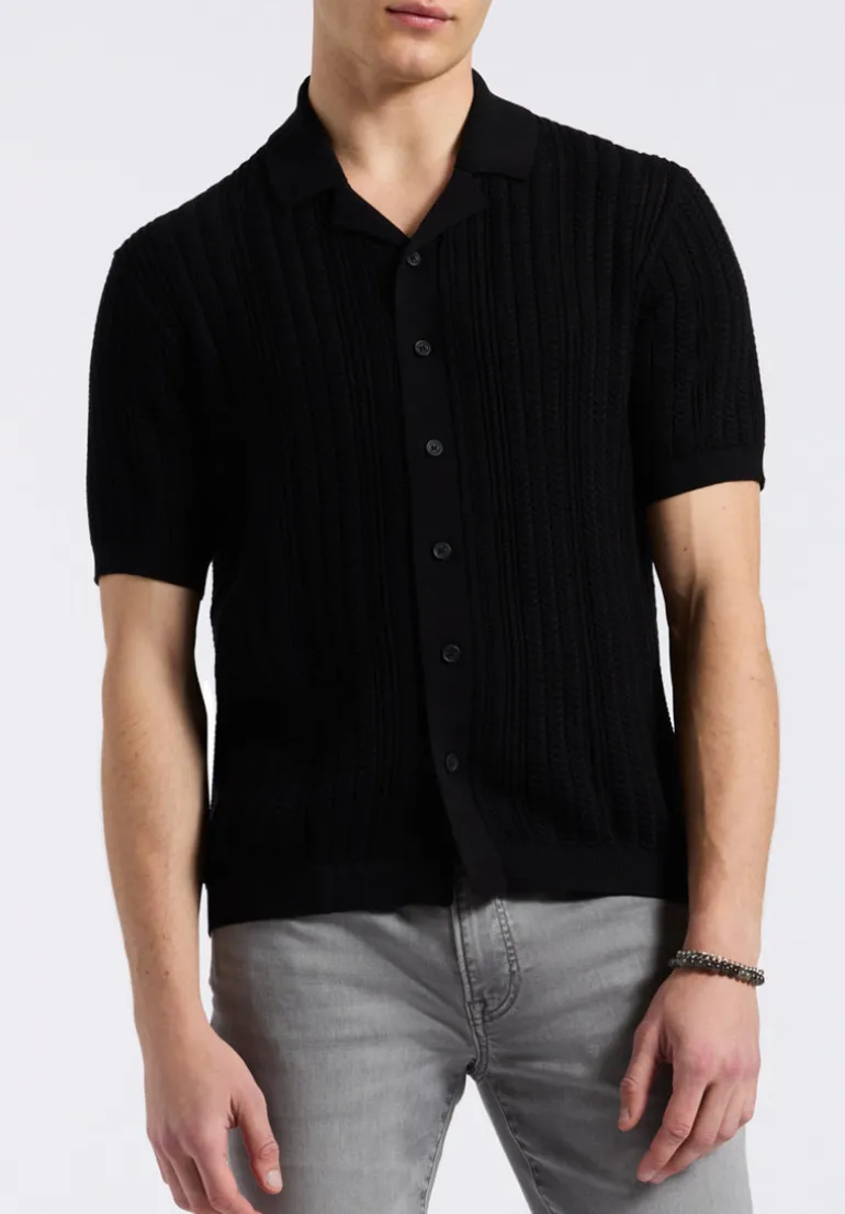 Wasko Men's Cable-Knit Short-Sleeve Button-Up Polo, Black - BM24540