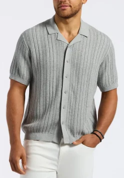 Wasko Men's Cable-Knit Short-Sleeve Button-Up Polo, Heather Grey - BM24540
